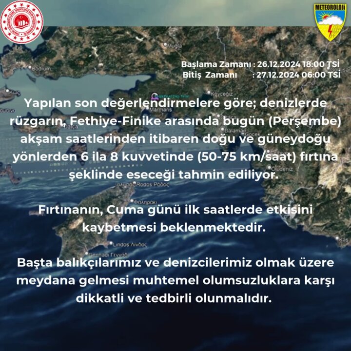 Fethiye ile Finike Arası İçin Fırtına Uyarısı