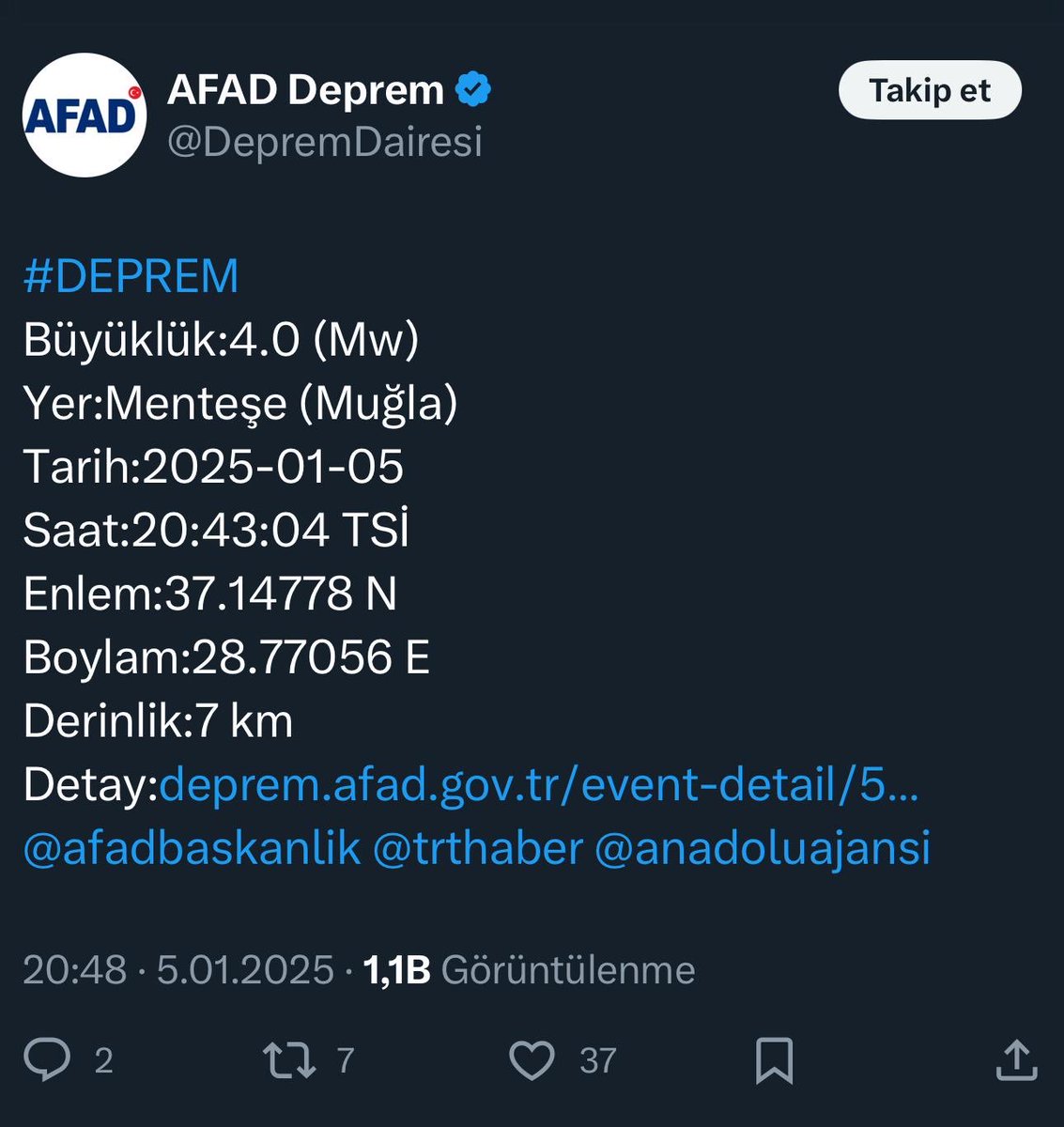 Menteşe İlçesinde 4.0 Büyüklüğünde Deprem