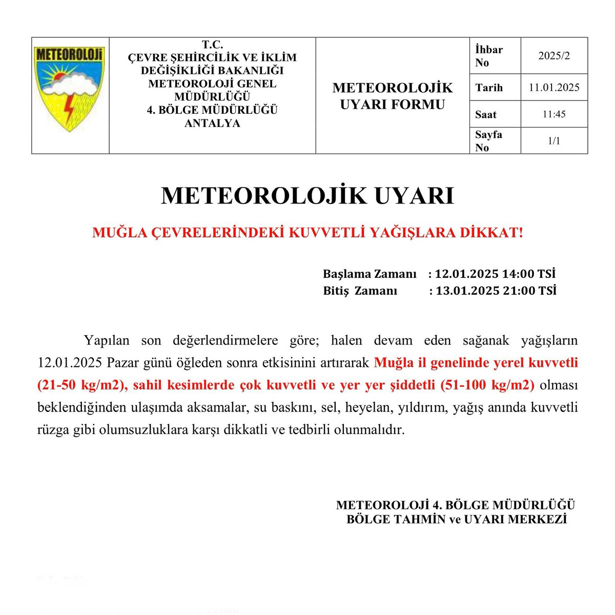 Muğla Çevresinde Kuvvetli Yağış Uyarısı