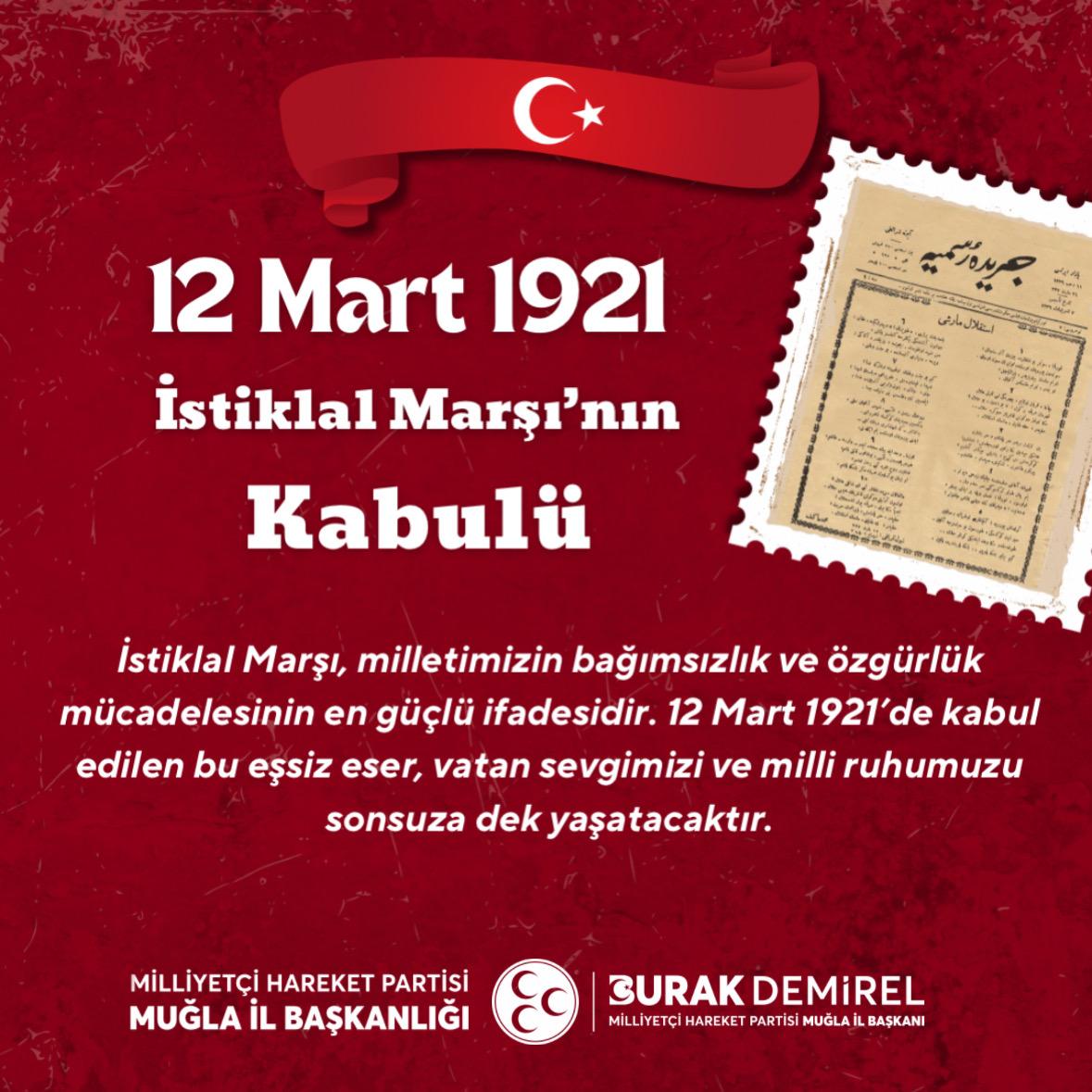 MHP Muğla İl Başkanlığı'ndan İstiklal Marşı'nın Kabul Edilişinin 103. Yıl Dönümü Mesajı