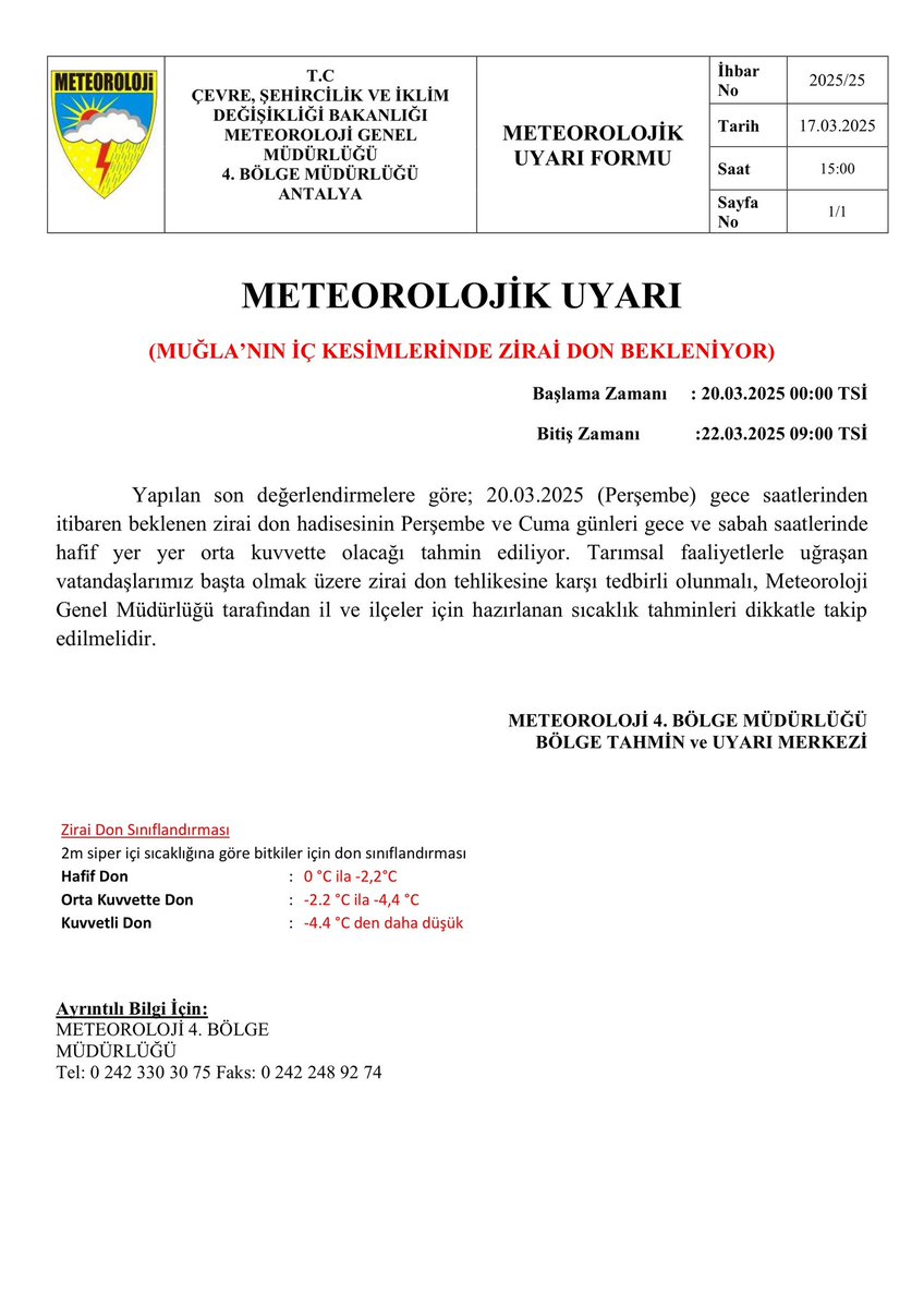 Muğla'nın İç Kesimlerinde Zirai Don Uyarısı